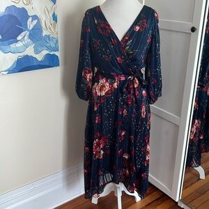 DKNY Navy and Red Floral Asymmetrical Dress